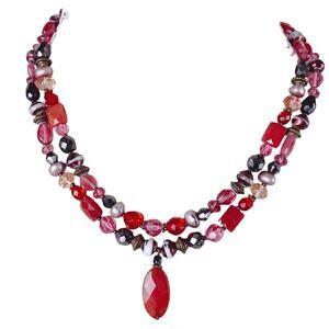 Retro Boho Double Strand Faceted Red Pink Glass Beaded Pendant Necklace